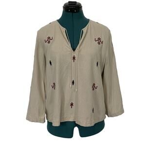 Madewell‎ Embroidered Top Raw Silk Noil Yarn Size XS Beige Tribal Print Western